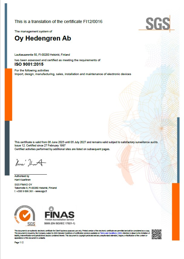 SGS ISO 9001 Certificate